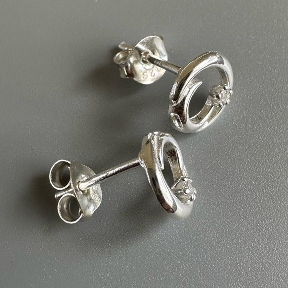 Sterling Silver Crescent Moon Tiny Stud Earrings with CZ 8mm - Picture 5 of 10